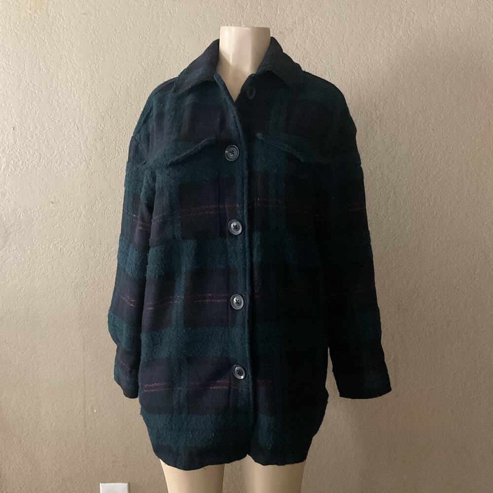 Bershka Women’s XS/S Plaid Oversized Shacket Jacket Teal Black Button Front
